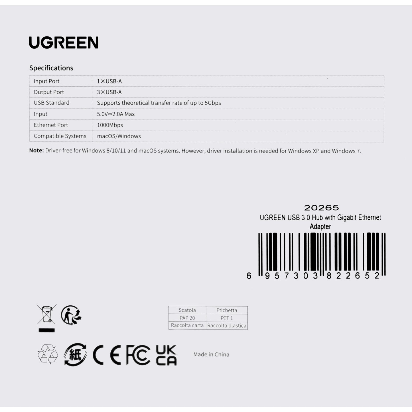 Hub USB UGREEN 20265, 3 x USB-A 3.0 - 1 x RJ45, Negru