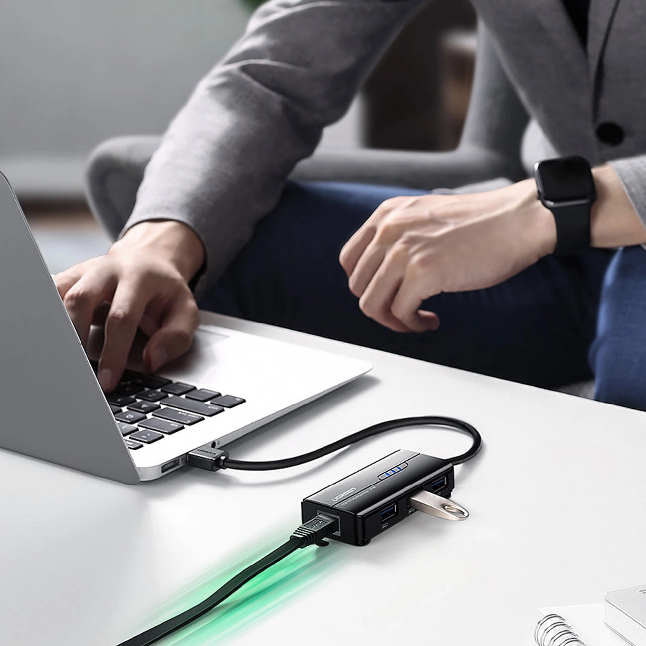 Hub USB UGREEN 20265, 3 x USB-A 3.0 - 1 x RJ45, Negru