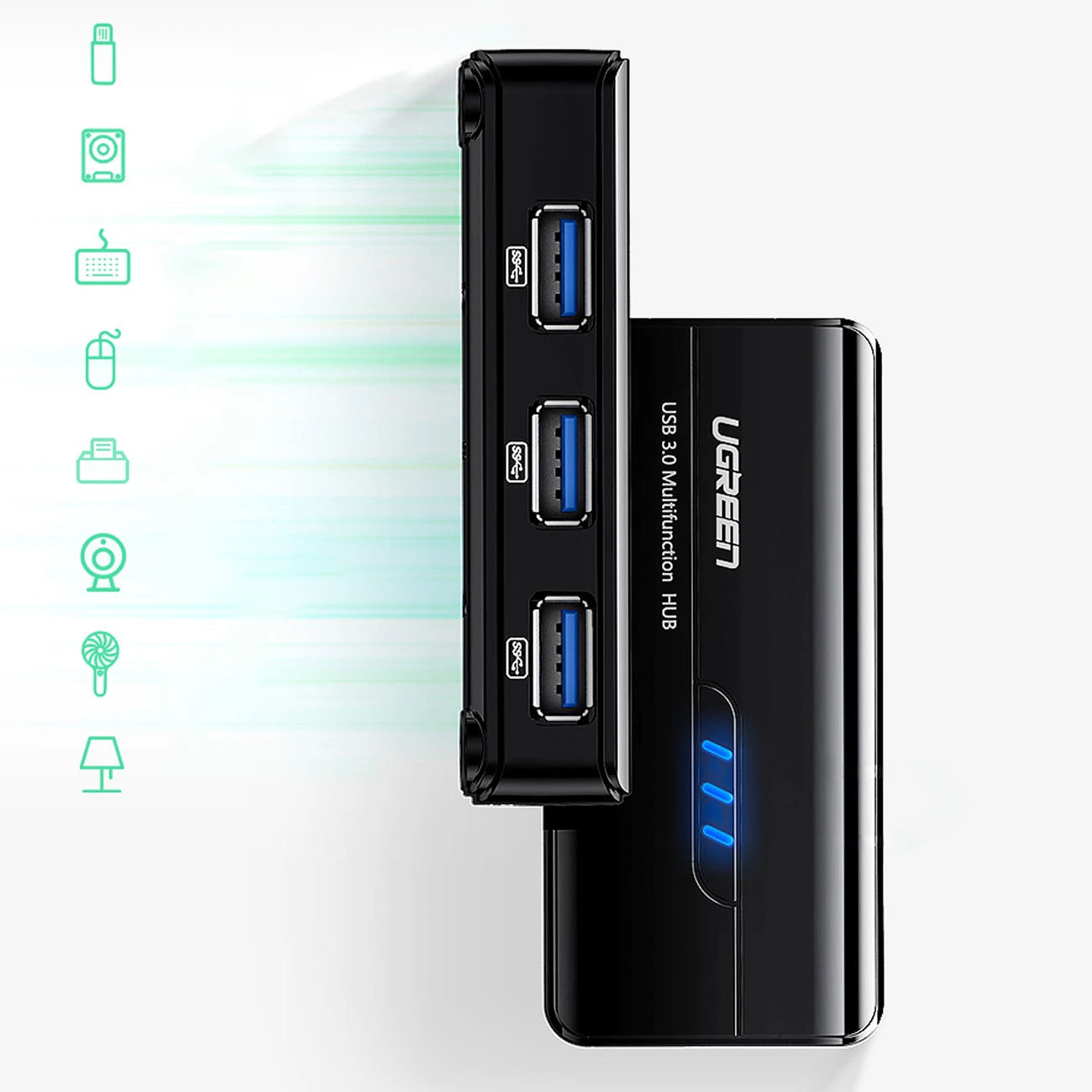 Hub USB UGREEN 20265, 3 x USB-A 3.0 - 1 x RJ45, Negru