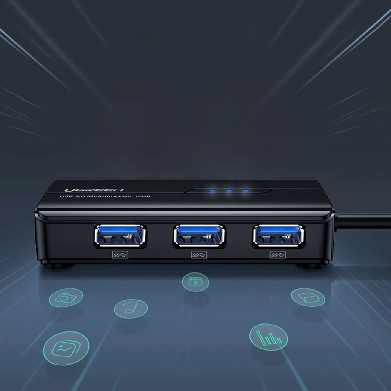 Hub USB UGREEN 20265, 3 x USB-A 3.0 - 1 x RJ45, Negru
