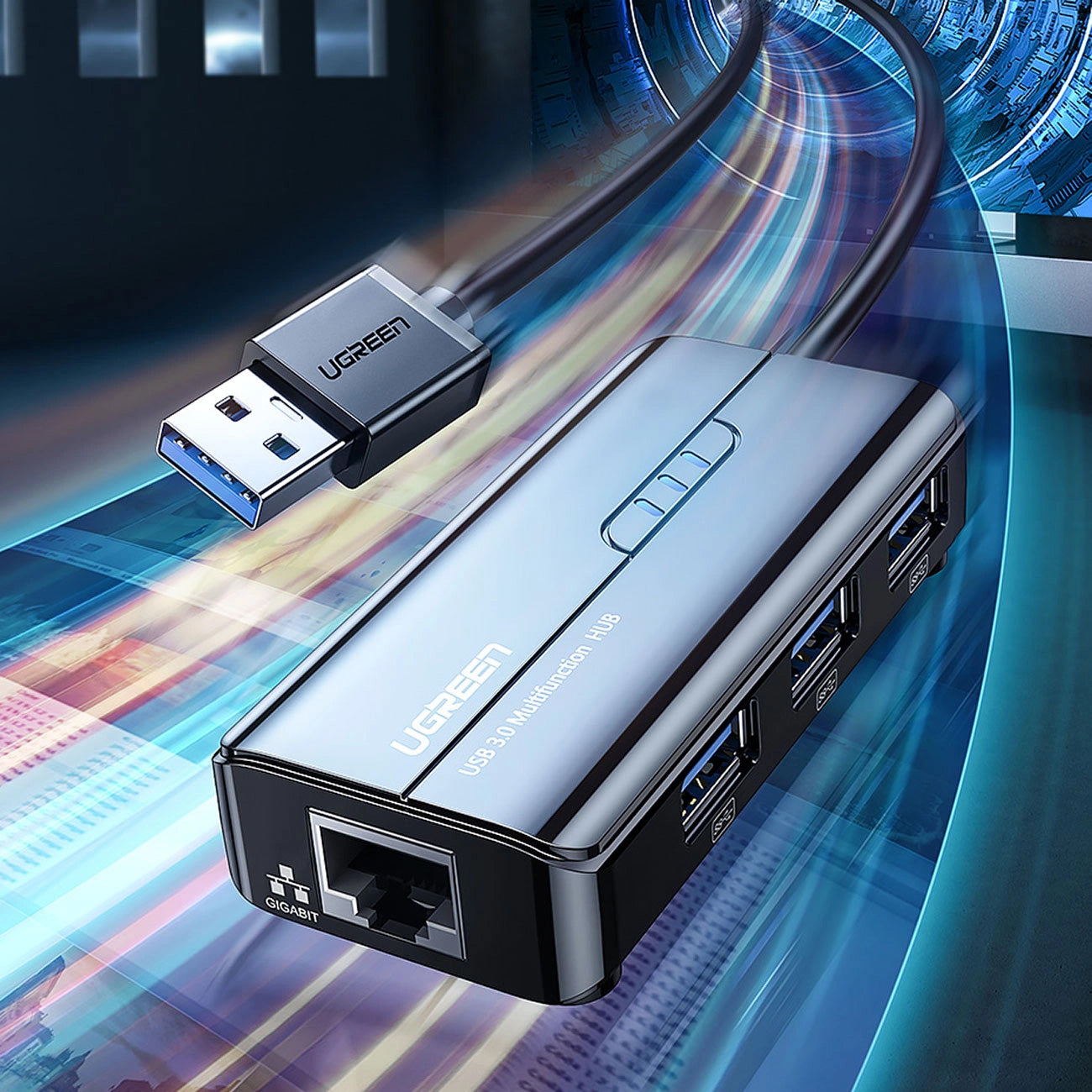 Hub USB UGREEN 20265, 3 x USB-A 3.0 - 1 x RJ45, Negru