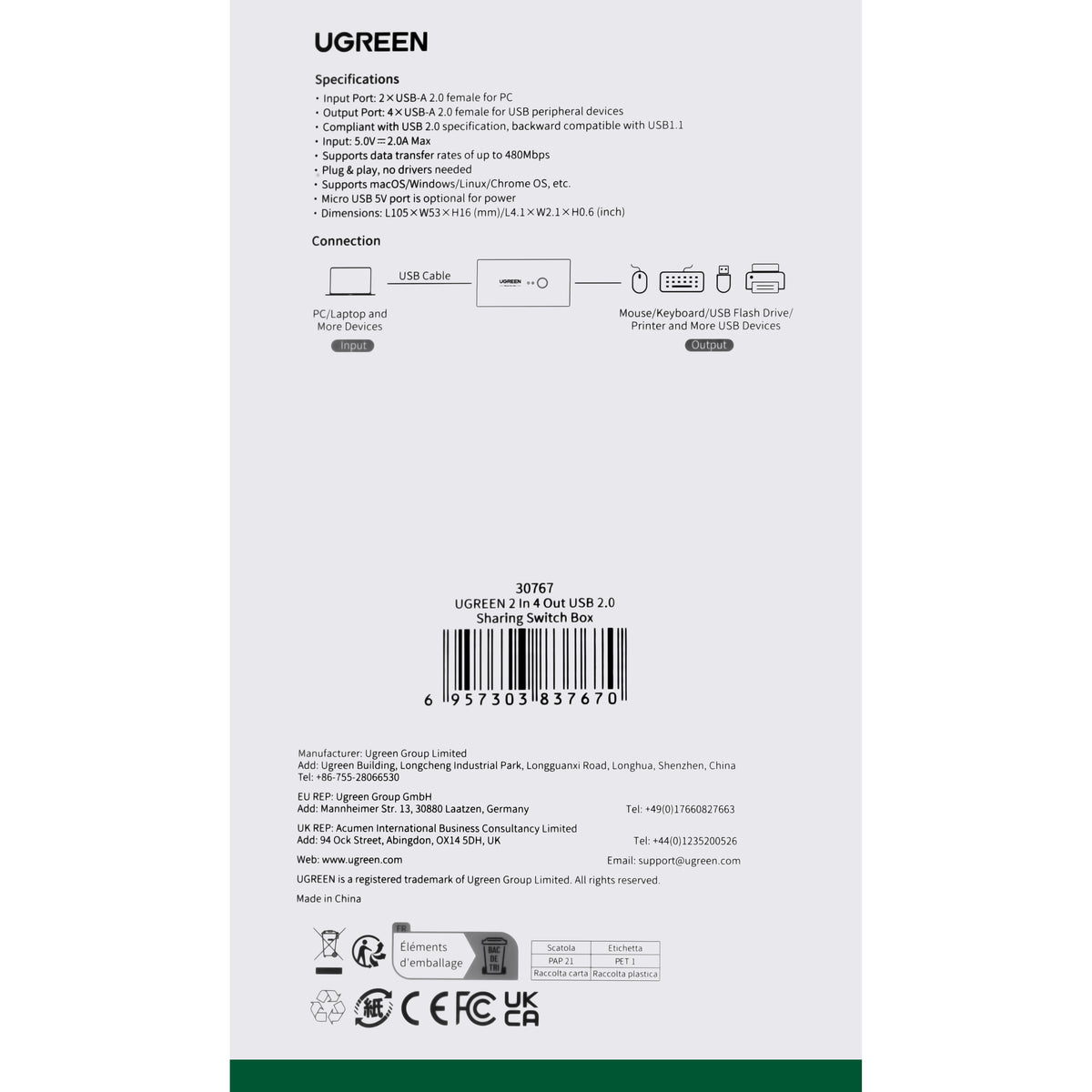 Switch USB UGREEN US216 (30767) Two Sharing Box, 4 x USB-A, Negru