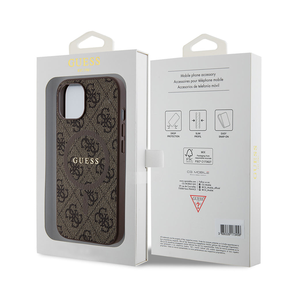 Husa MagSafe pentru Apple iPhone 15 Plus, Guess, 4G Colored Ring, Maro GUHMP15MG4GFRW