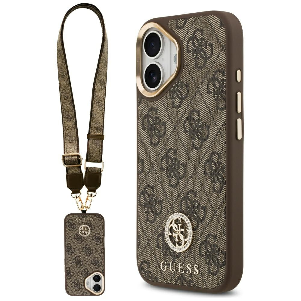 Husa MagSafe pentru Apple iPhone 17, Guess, 4G Strass Logo with Big Strap, Maro, Resigilata