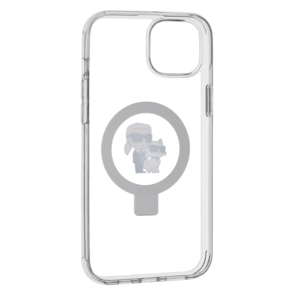 Husa MagSafe pentru Apple iPhone 15 Plus, Karl Lagerfeld, Ringstand Karl and Choupette, Alba, Resigilata