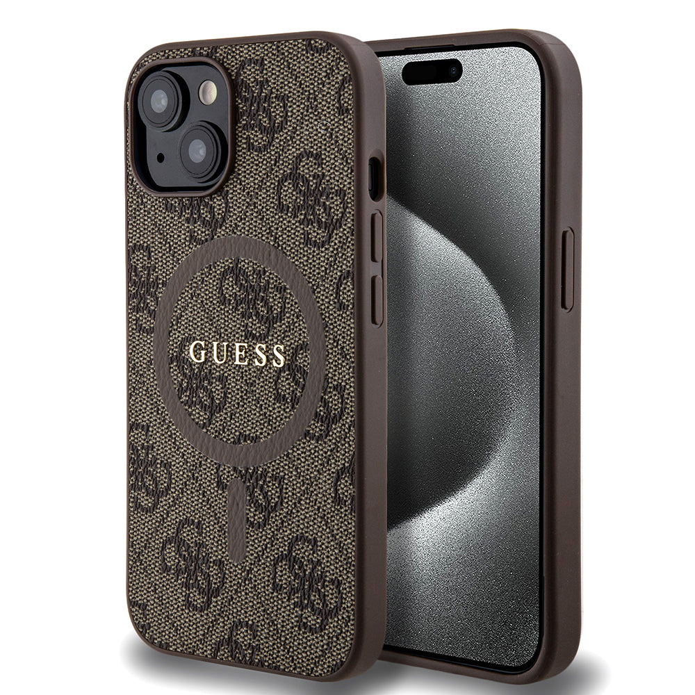 Husa MagSafe pentru Apple iPhone 15 Plus, Guess, 4G Colored Ring, Maro GUHMP15MG4GFRW
