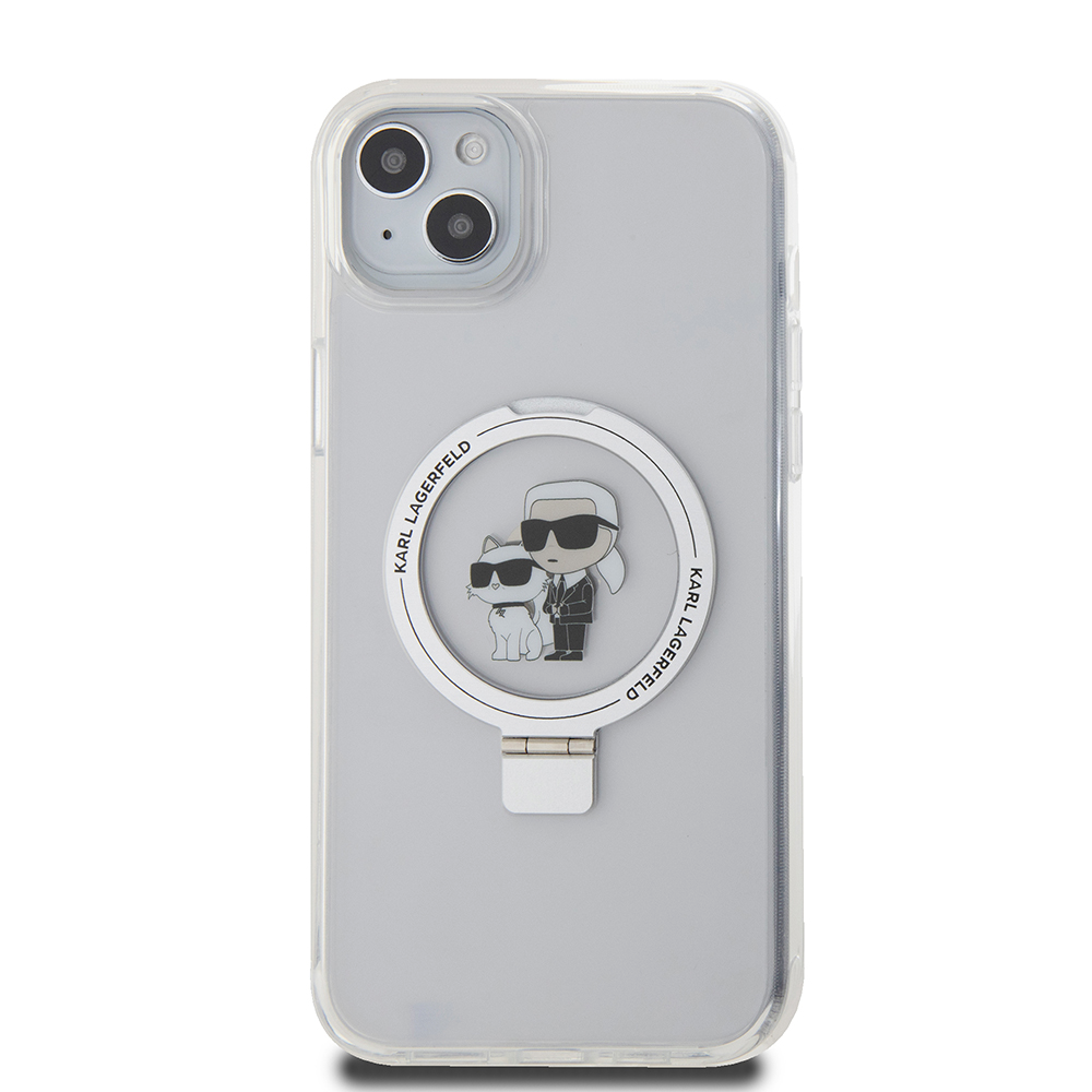 Husa MagSafe pentru Apple iPhone 15 Plus, Karl Lagerfeld, Ringstand Karl and Choupette, Alba, Resigilata