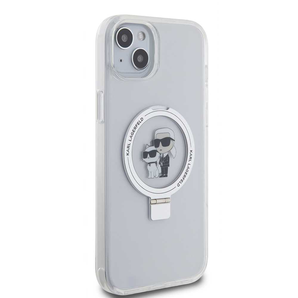 Husa MagSafe pentru Apple iPhone 15 Plus, Karl Lagerfeld, Ringstand Karl and Choupette, Alba, Resigilata