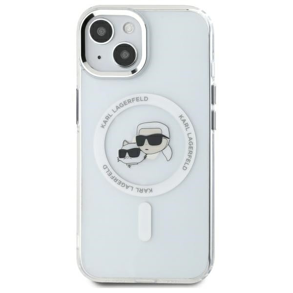 Husa MagSafe pentru Apple iPhone 14, Karl Lagerfeld, IML Metal Karl & Choupette's Heads, Alba