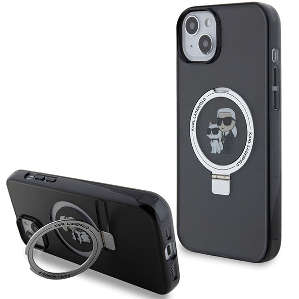 Husa MagSafe pentru Apple iPhone 14, Karl Lagerfeld, Ring Stand Karl & Choupette, Neagra