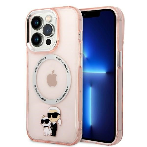 Husa MagSafe pentru Apple iPhone 14 Pro, Karl Lagerfeld, Ikonik Karl & Choupette, Roz