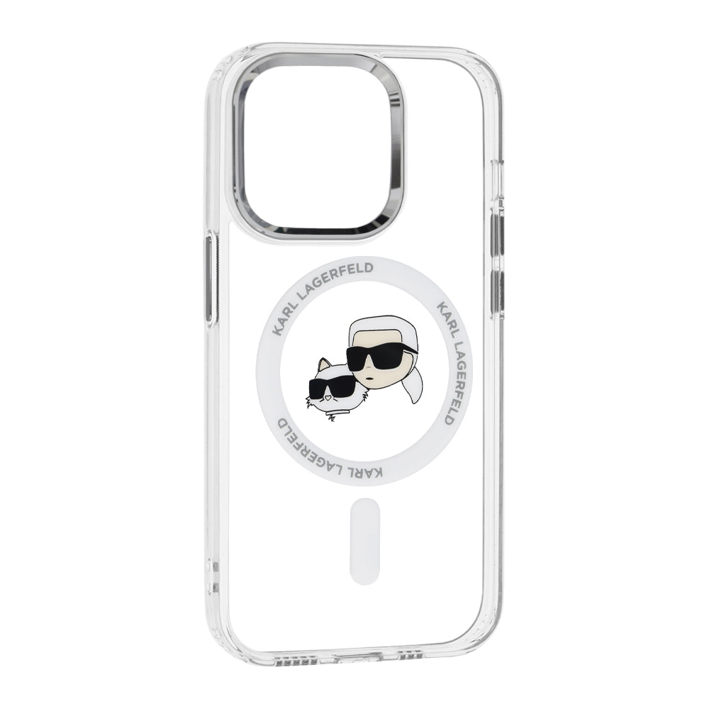 Husa MagSafe pentru Apple iPhone 14 Pro, Karl Lagerfeld, IML Metal Karl & Choupette's Heads, Alba