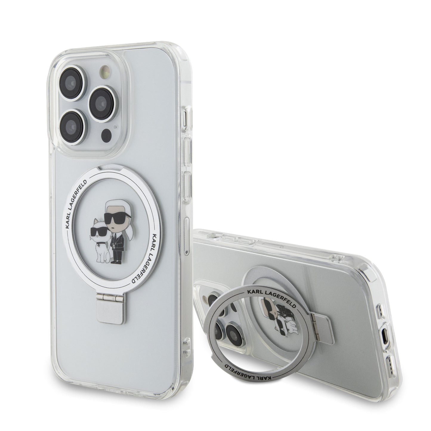 Husa MagSafe pentru Apple iPhone 14 Pro, Karl Lagerfeld, Ring Stand Karl & Choupette, Alba
