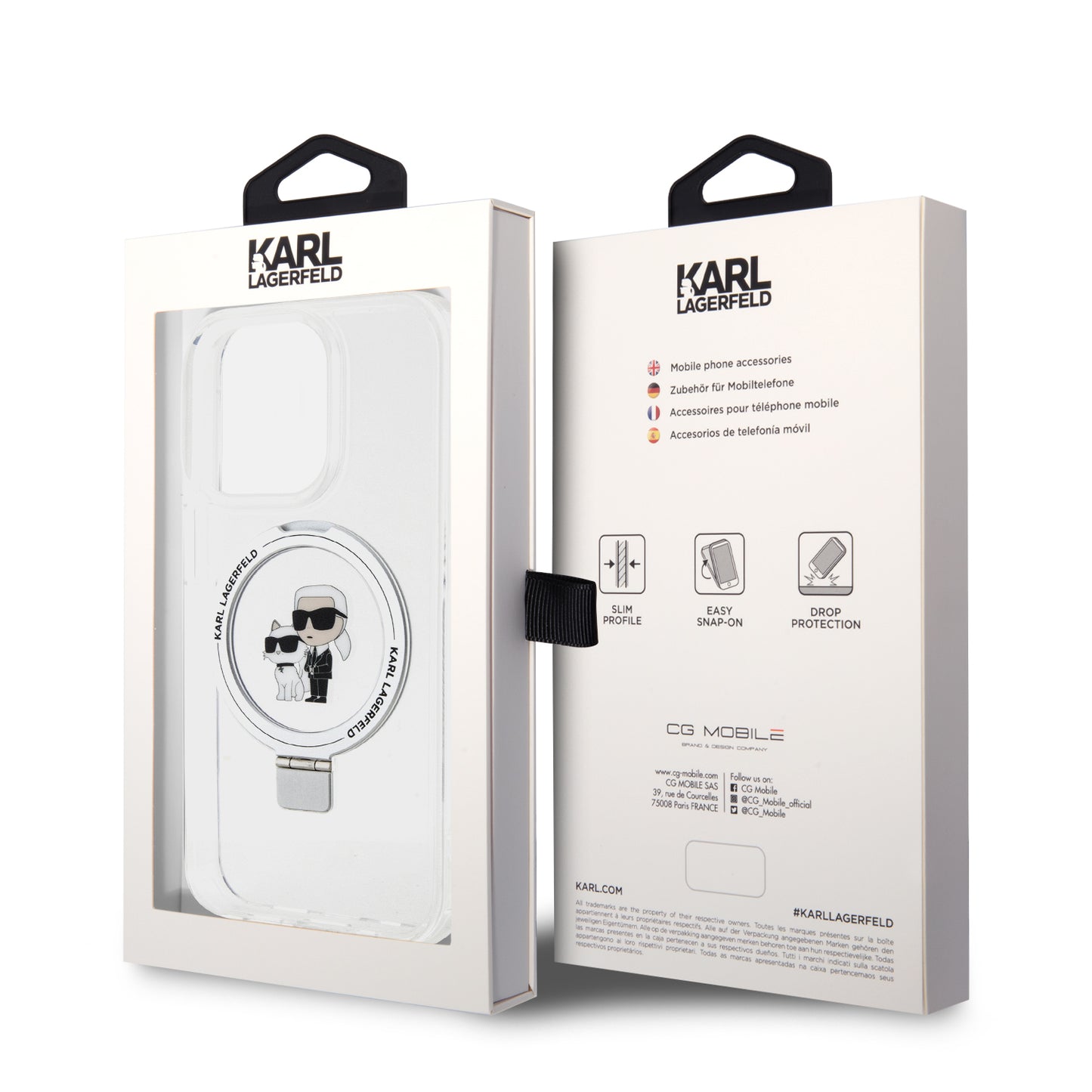 Husa MagSafe pentru Apple iPhone 14 Pro, Karl Lagerfeld, Ring Stand Karl & Choupette, Alba