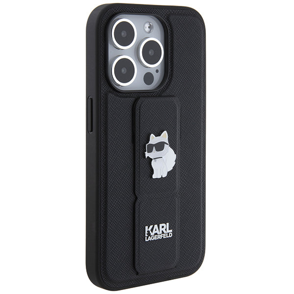 Husa MagSafe pentru Apple iPhone 14 Pro, Karl Lagerfeld, Saffiano Gripstand Choupette, Neagra