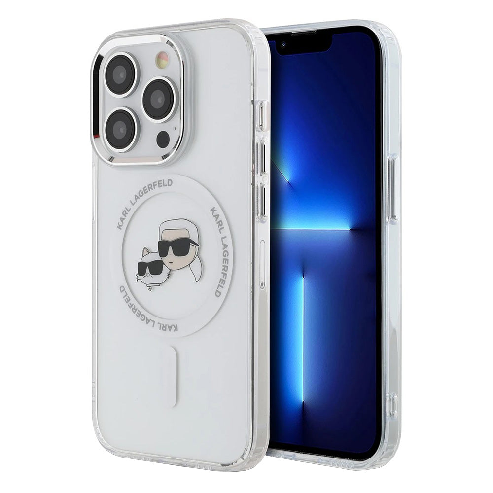 Husa MagSafe pentru Apple iPhone 14 Pro Max, Karl Lagerfeld, IML Metal Karl & Choupette's Heads, Alba
