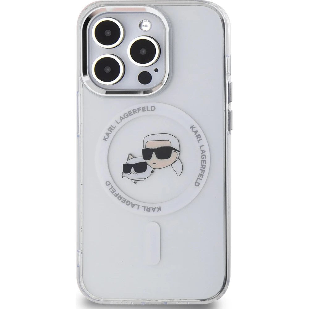Husa MagSafe pentru Apple iPhone 14 Pro Max, Karl Lagerfeld, IML Metal Karl & Choupette's Heads, Alba