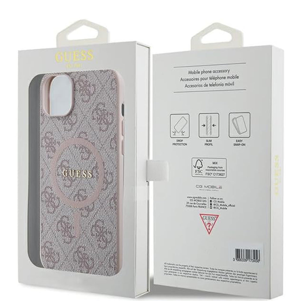 Husa MagSafe pentru Apple iPhone 15, Guess, 4G Collection, Roz