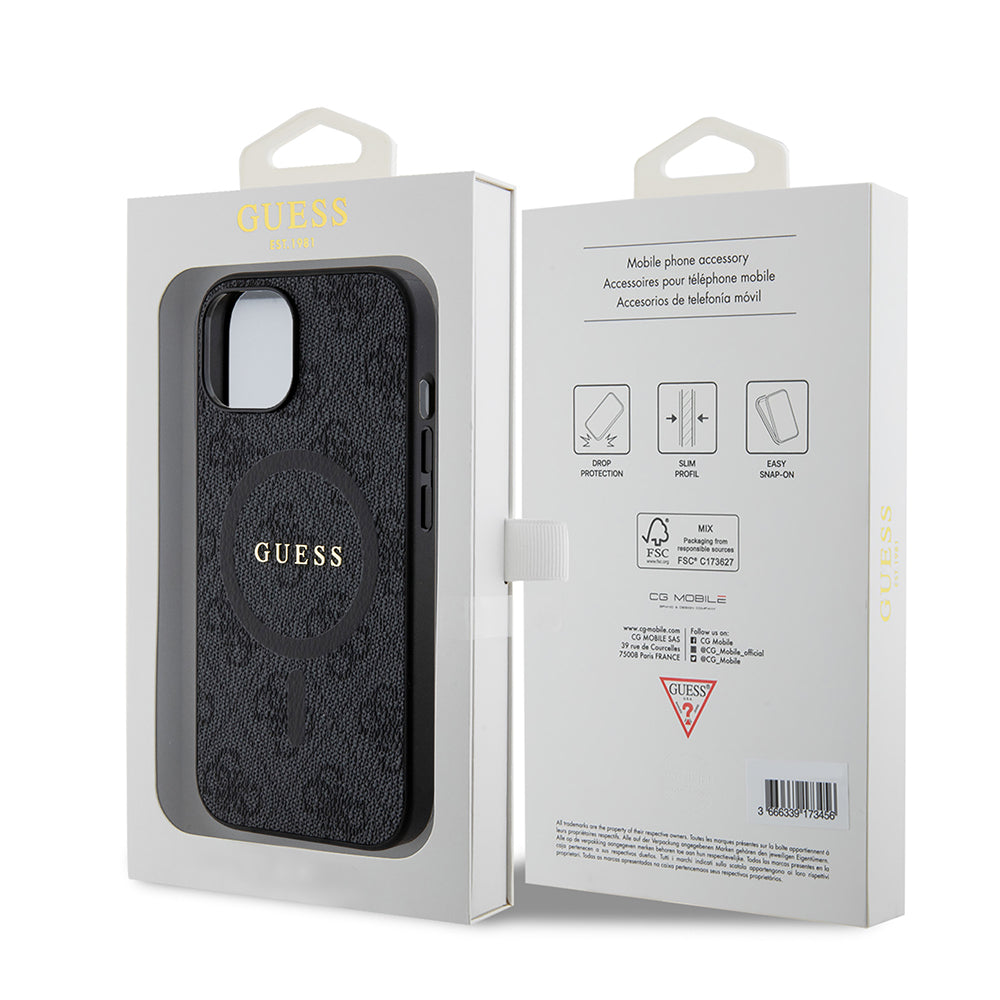 Husa MagSafe pentru Apple iPhone 15, Guess, 4G Ring Classic Logo, Neagra