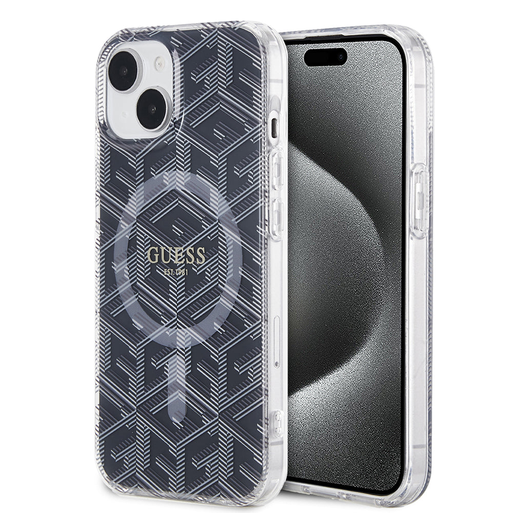 Husa MagSafe pentru Apple iPhone 15, Guess, IML Gcube, Neagra