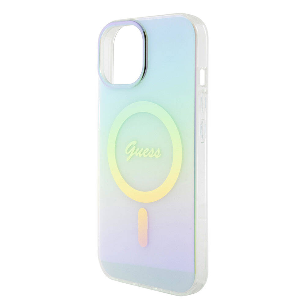 Husa MagSafe pentru Apple iPhone 15, Guess, IML Iridescent, Turcoaz