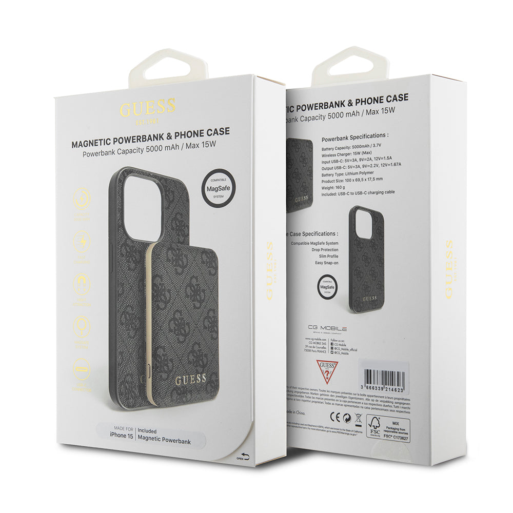Husa MagSafe pentru Apple iPhone 15, Guess, Powerbank 4G Metal Logo, Neagra