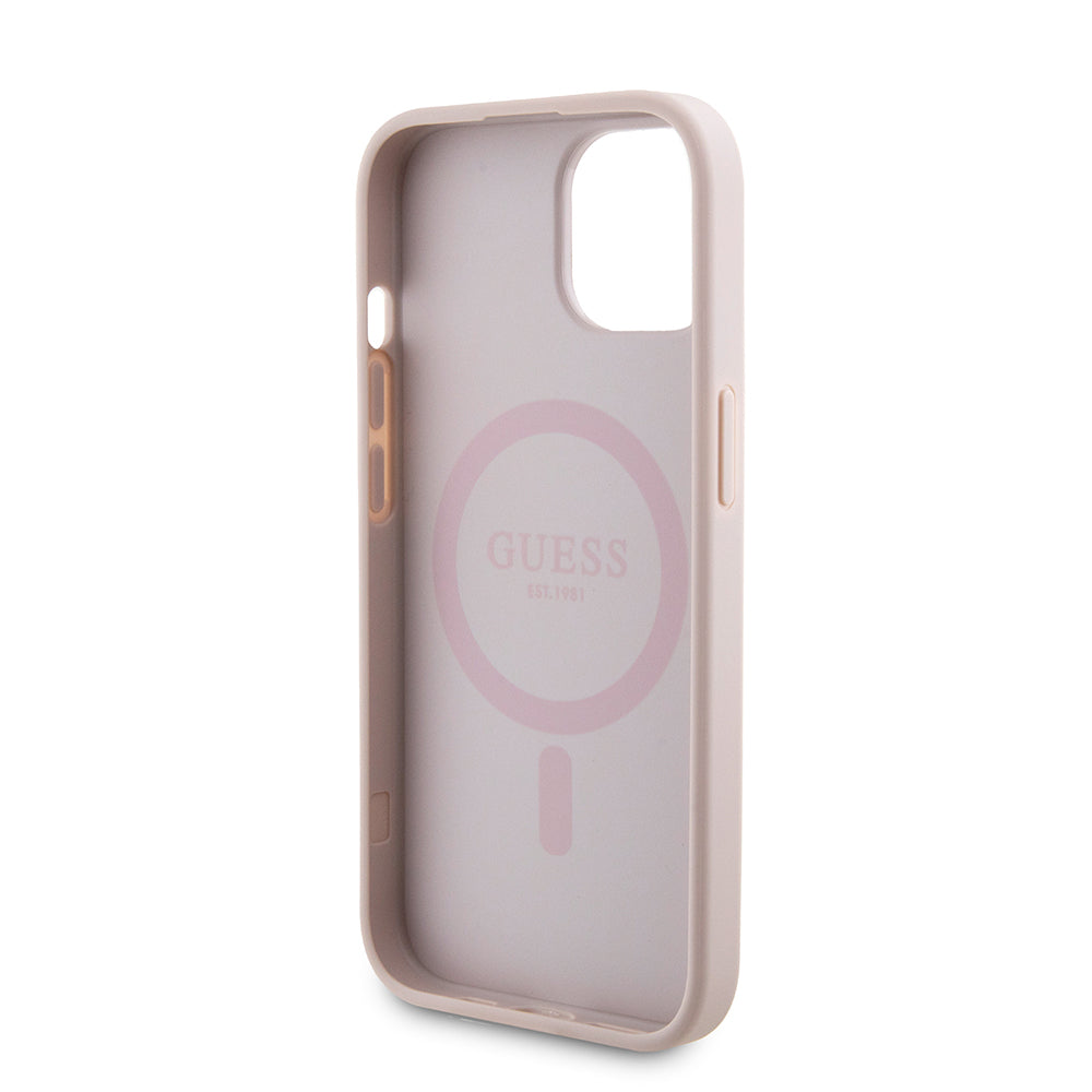 Husa MagSafe pentru Apple iPhone 15, Guess, Powerbank 4G Metal Logo, Roz