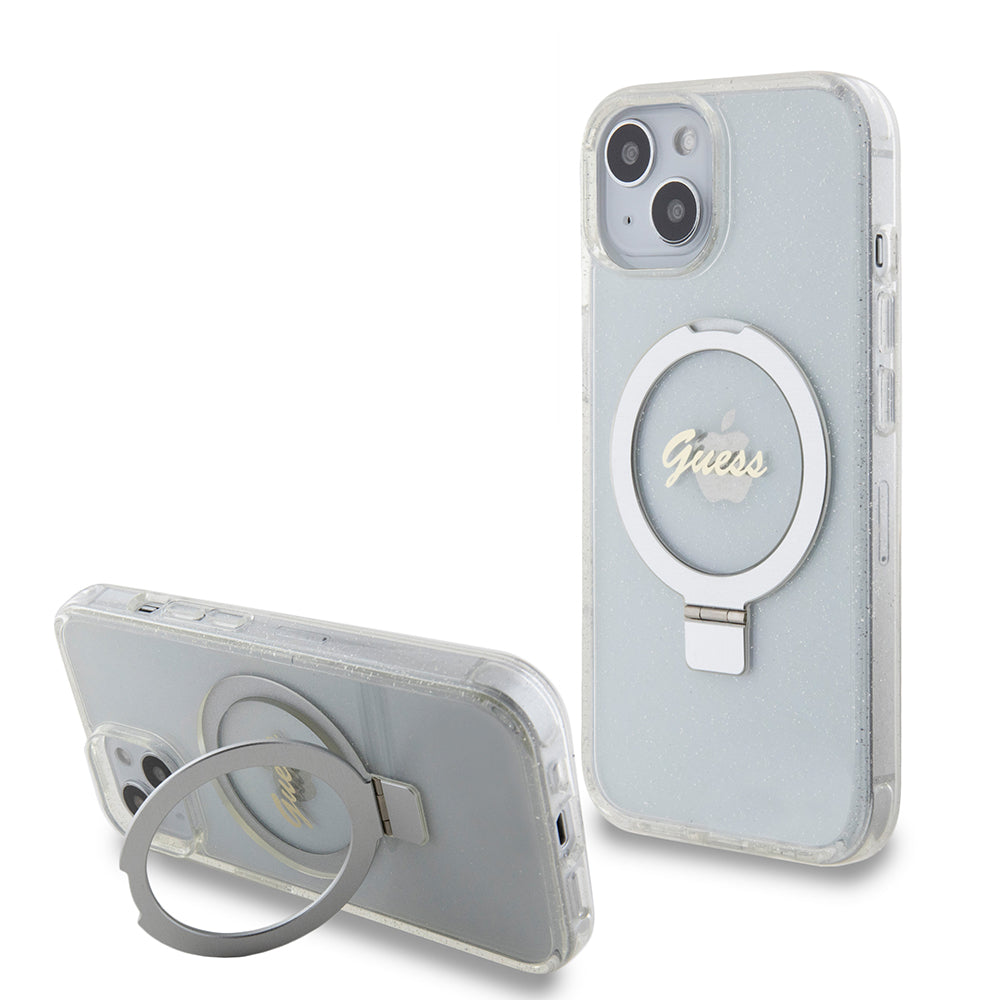 Husa MagSafe pentru Apple iPhone 15, Guess, Ring Stand Script Glitter, Transparenta