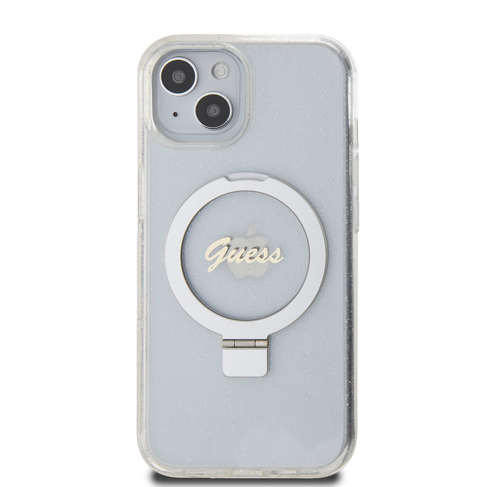 Husa MagSafe pentru Apple iPhone 15, Guess, Ring Stand Script Glitter, Transparenta