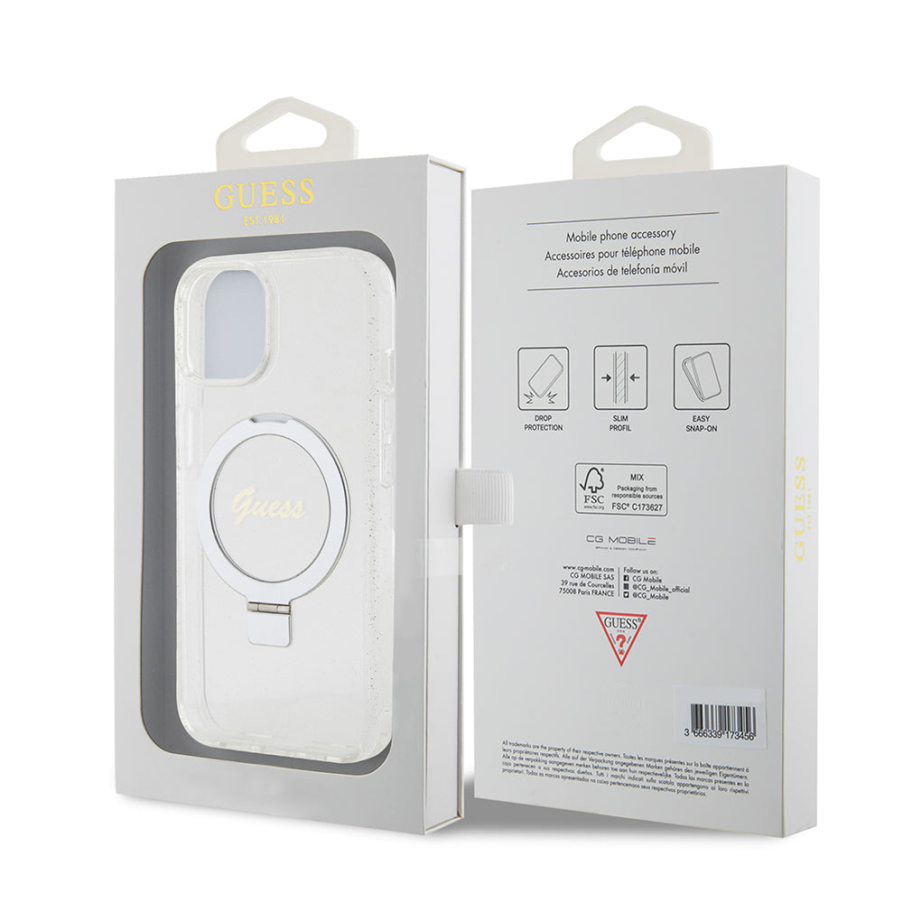 Husa MagSafe pentru Apple iPhone 15, Guess, Ring Stand Script Glitter, Transparenta