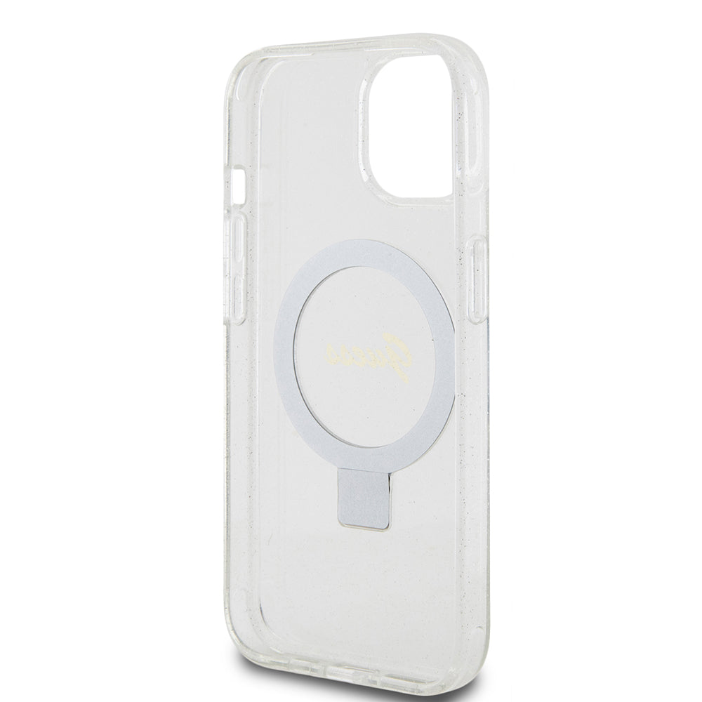 Husa MagSafe pentru Apple iPhone 15, Guess, Ring Stand Script Glitter, Transparenta