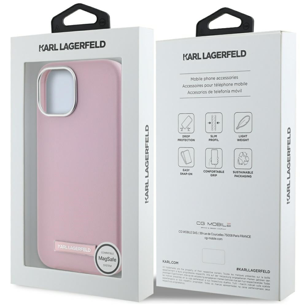 Husa MagSafe pentru Apple iPhone 15, Karl Lagerfeld, FW Metal Plate, Roz