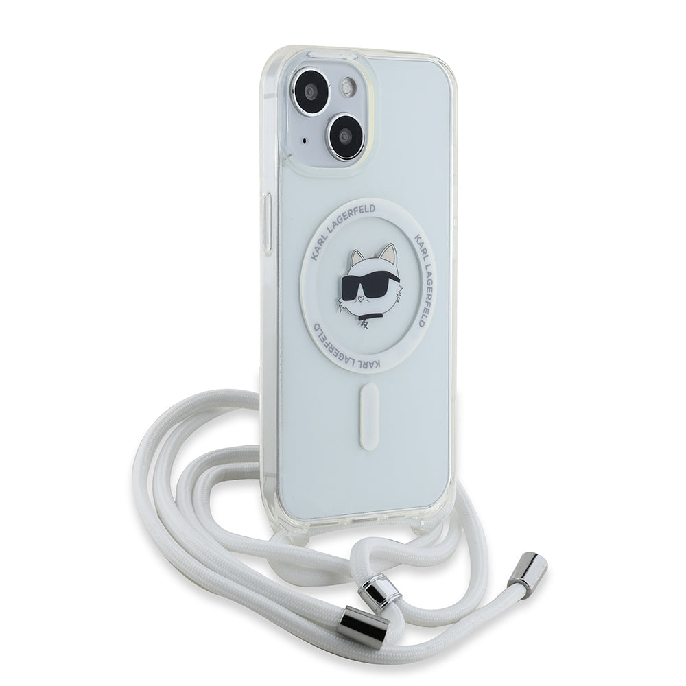 Husa MagSafe pentru Apple iPhone 15, Karl Lagerfeld, IML Crossbody Choupette's Head with Strap, Transparenta