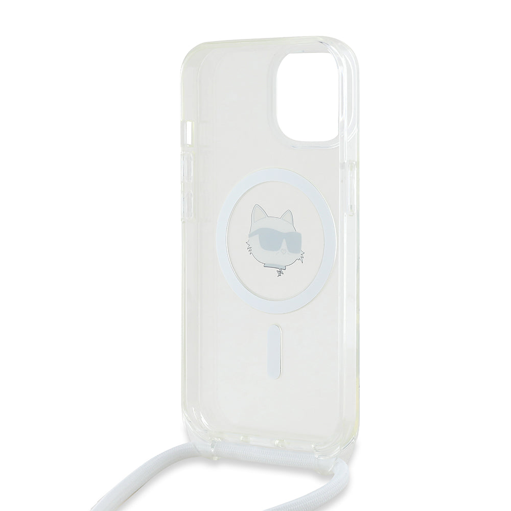 Husa MagSafe pentru Apple iPhone 15, Karl Lagerfeld, IML Crossbody Choupette's Head with Strap, Transparenta