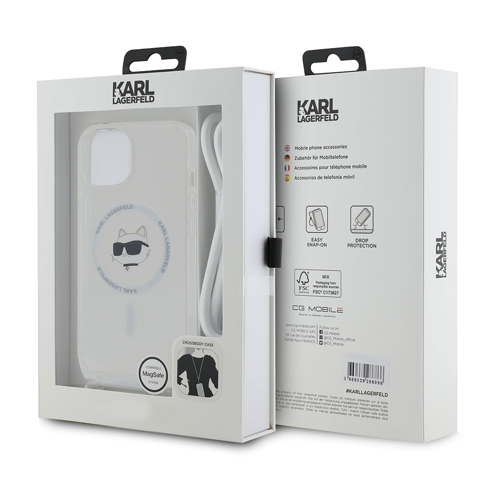 Husa MagSafe pentru Apple iPhone 15, Karl Lagerfeld, IML Crossbody Choupette's Head with Strap, Transparenta