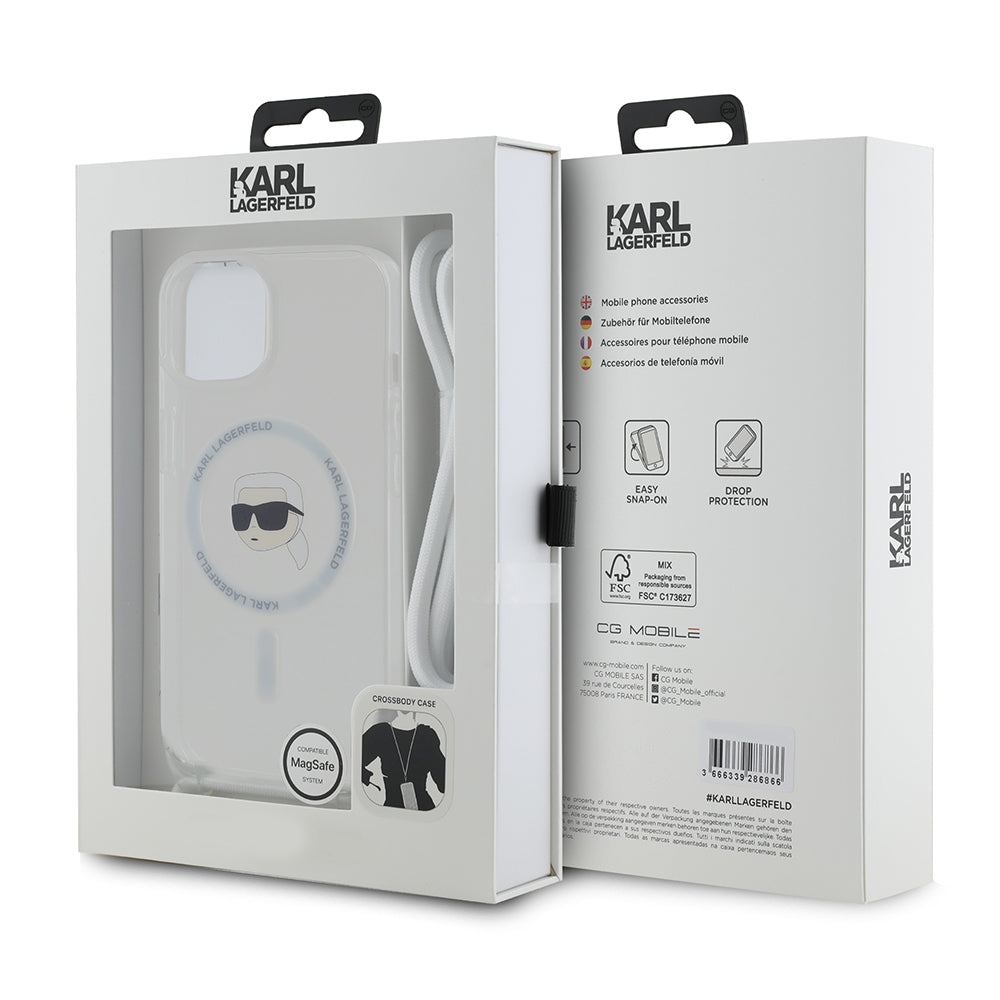 Husa MagSafe pentru Apple iPhone 15, Karl Lagerfeld, IML Crossbody Karl's Head, Transparenta