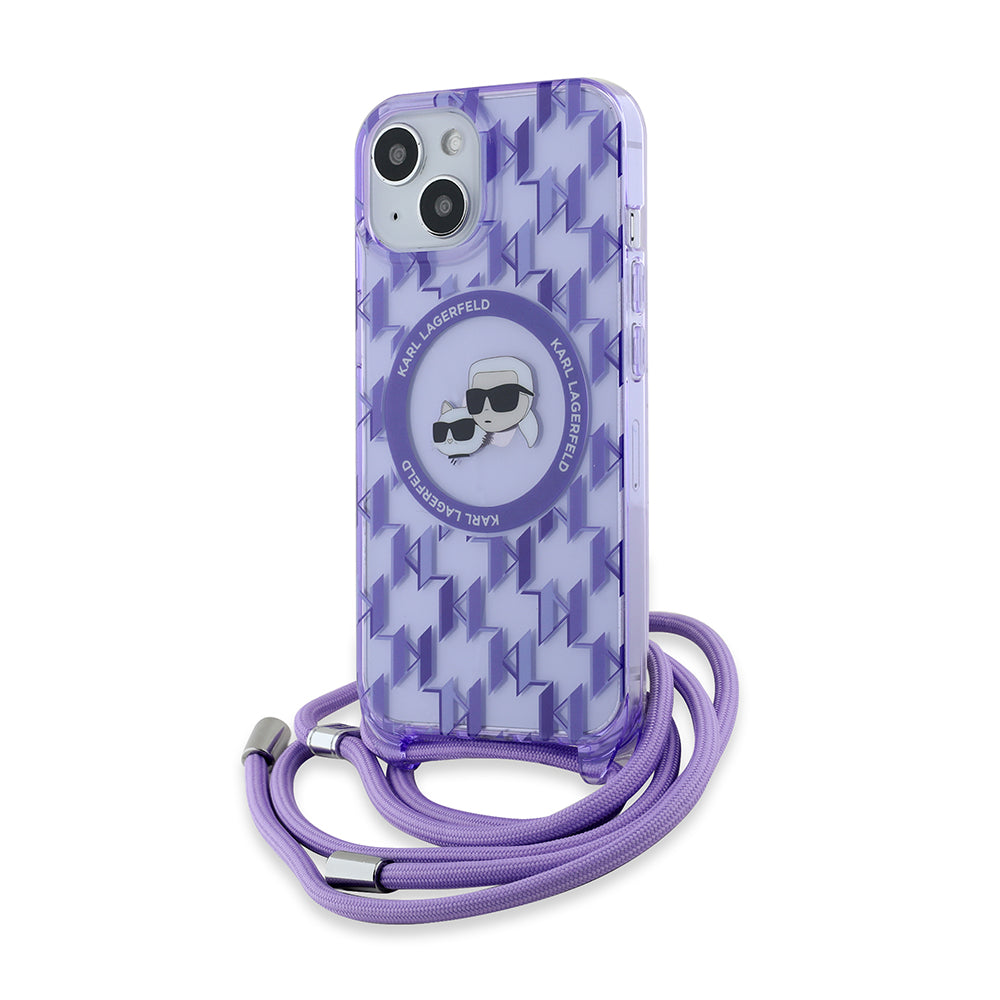 Husa MagSafe pentru Apple iPhone 15, Karl Lagerfeld, IML Crossbody Monogram Karl & Choupette's Heads, Mov
