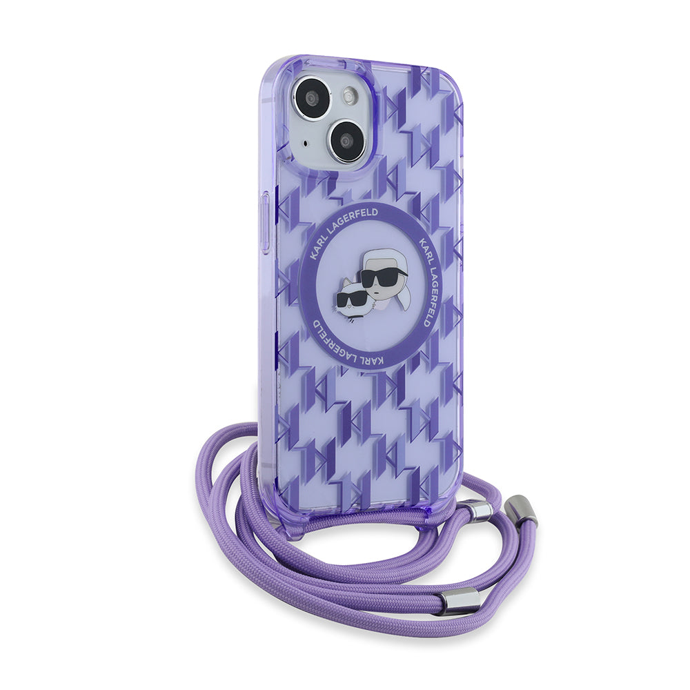 Husa MagSafe pentru Apple iPhone 15, Karl Lagerfeld, IML Crossbody Monogram Karl & Choupette's Heads, Mov