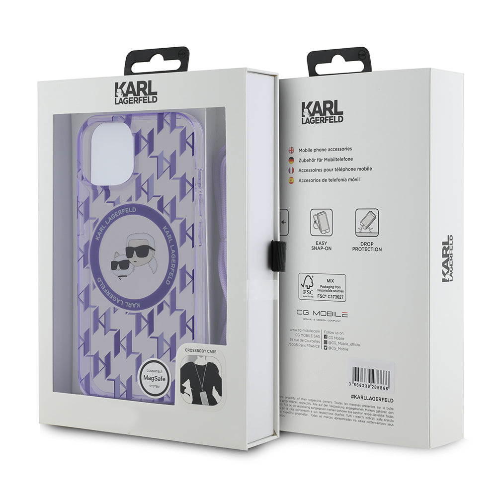 Husa MagSafe pentru Apple iPhone 15, Karl Lagerfeld, IML Crossbody Monogram Karl & Choupette's Heads, Mov