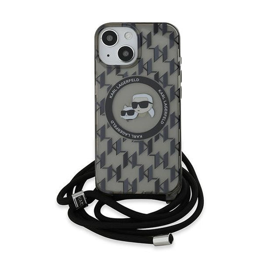 Husa MagSafe pentru Apple iPhone 15, Karl Lagerfeld, IML Crossbody Monogram Karl & Choupette's Heads, Neagra