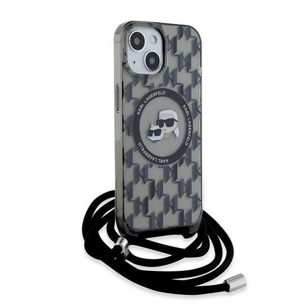 Husa MagSafe pentru Apple iPhone 15, Karl Lagerfeld, IML Crossbody Monogram Karl & Choupette's Heads, Neagra
