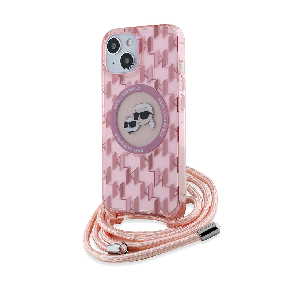 Husa MagSafe pentru Apple iPhone 15, Karl Lagerfeld, IML Crossbody Monogram Karl & Choupette's Heads, Roz