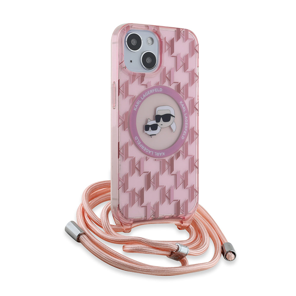 Husa MagSafe pentru Apple iPhone 15, Karl Lagerfeld, IML Crossbody Monogram Karl & Choupette's Heads, Roz