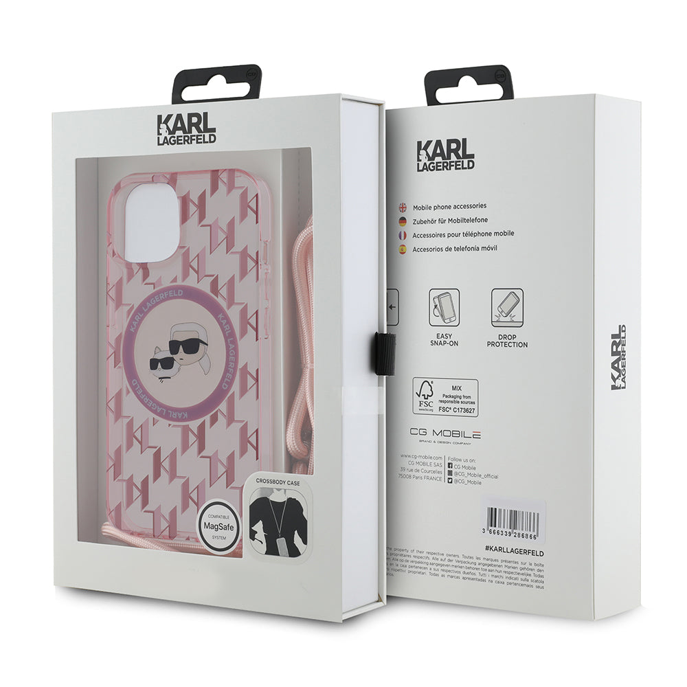 Husa MagSafe pentru Apple iPhone 15, Karl Lagerfeld, IML Crossbody Monogram Karl & Choupette's Heads, Roz