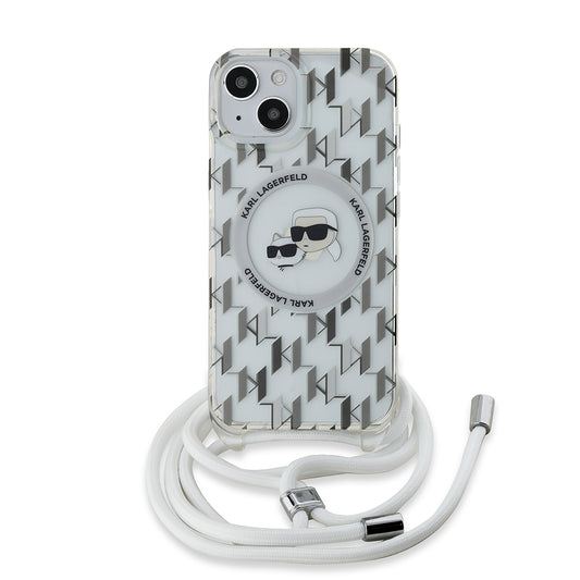 Husa MagSafe pentru Apple iPhone 15, Karl Lagerfeld, IML Crossbody Monogram Karl & Choupette's Heads, Transparenta