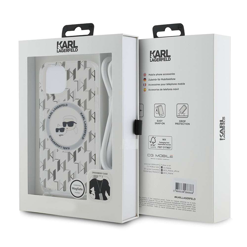 Husa MagSafe pentru Apple iPhone 15, Karl Lagerfeld, IML Crossbody Monogram Karl & Choupette's Heads, Transparenta