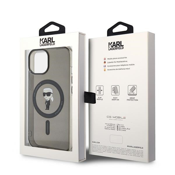 Husa MagSafe pentru Apple iPhone 15, Karl Lagerfeld, IML Ikonik Karl, Neagra