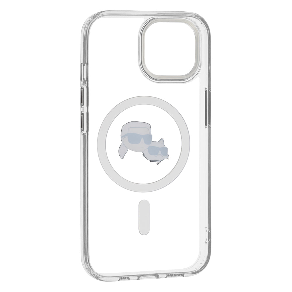 Husa MagSafe pentru Apple iPhone 15, Karl Lagerfeld, IML Metal Karl & Choupette's Heads, Alba