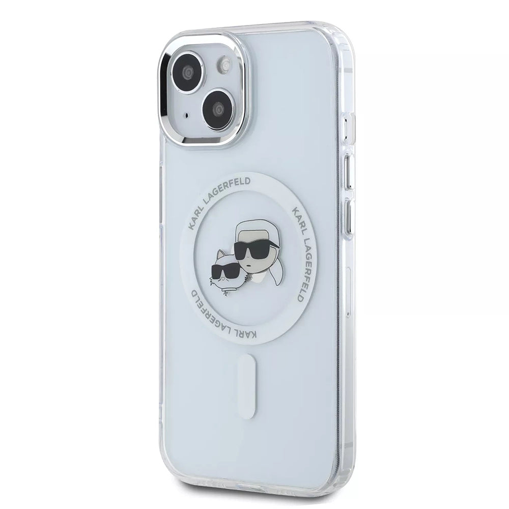 Husa MagSafe pentru Apple iPhone 15, Karl Lagerfeld, IML Metal Karl & Choupette's Heads, Alba
