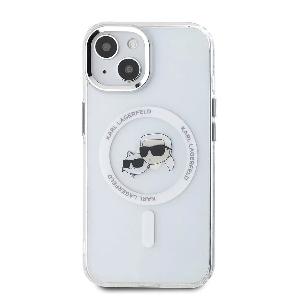 Husa MagSafe pentru Apple iPhone 15, Karl Lagerfeld, IML Metal Karl & Choupette's Heads, Alba